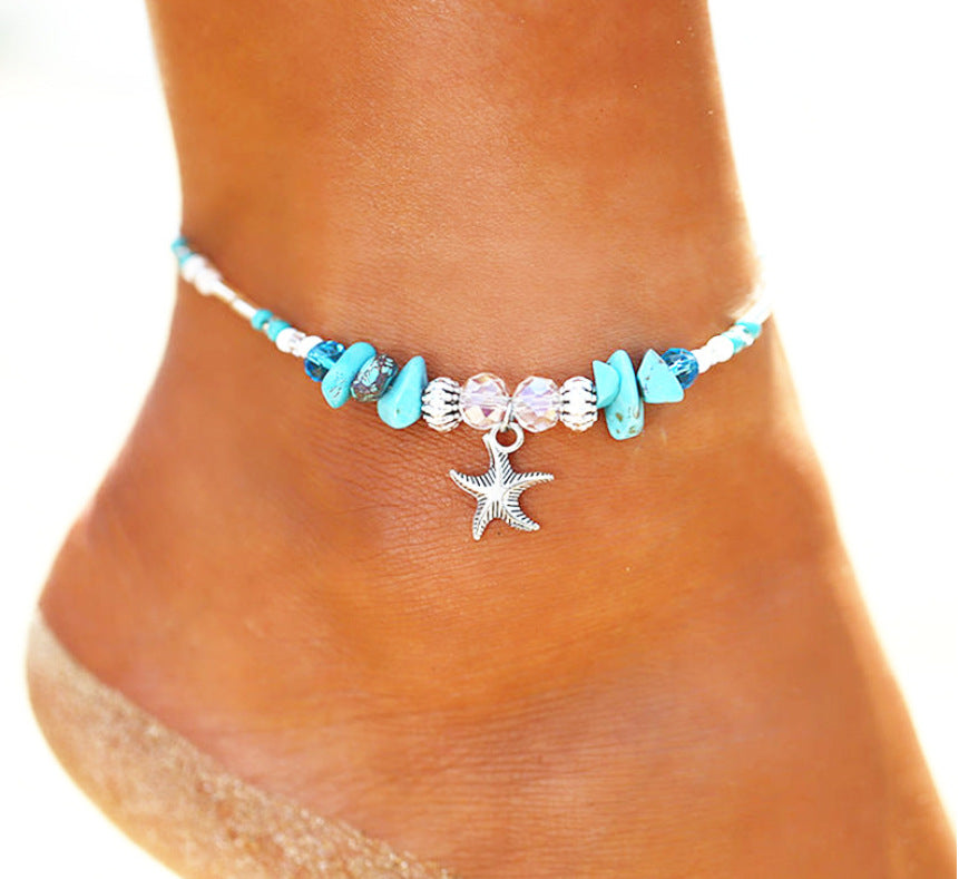 Conch starfish pendant rice bead anklet