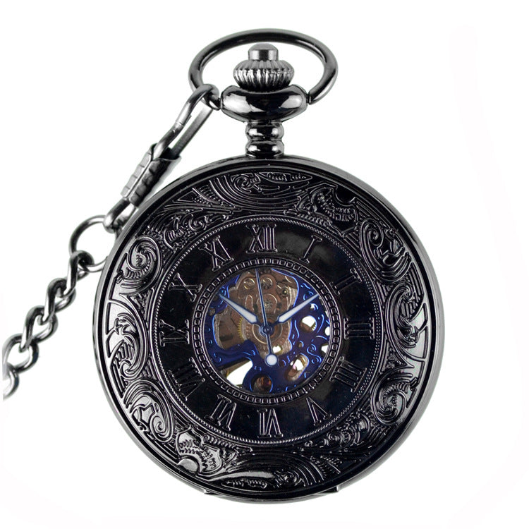 Retro Flip New Roman Blue Surface Mechanical Pocket Watch