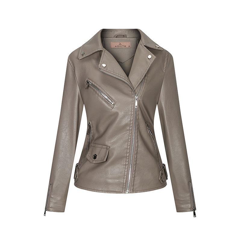 Temperament Women's Jacket PU Lapel Zipper Slim