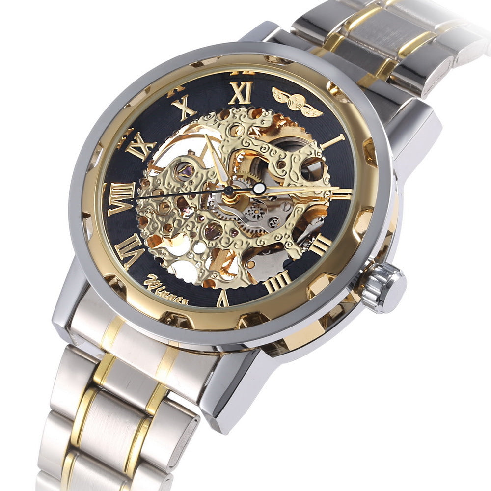 The winner men's fashion business casual space engraved gold watchband manual mechanical watches