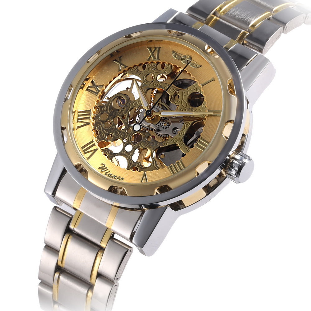 The winner men's fashion business casual space engraved gold watchband manual mechanical watches