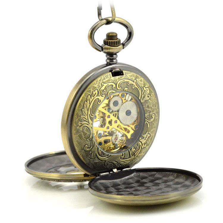 Solar Wind Hot Wheel Double Cover Green Ancient Carved Mechanical Pocket Watch Retro