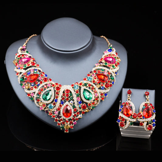 Fast selling explosion, Middle East, Europe and America, colorful exaggerated bride necklace, earring set, alloy color plating