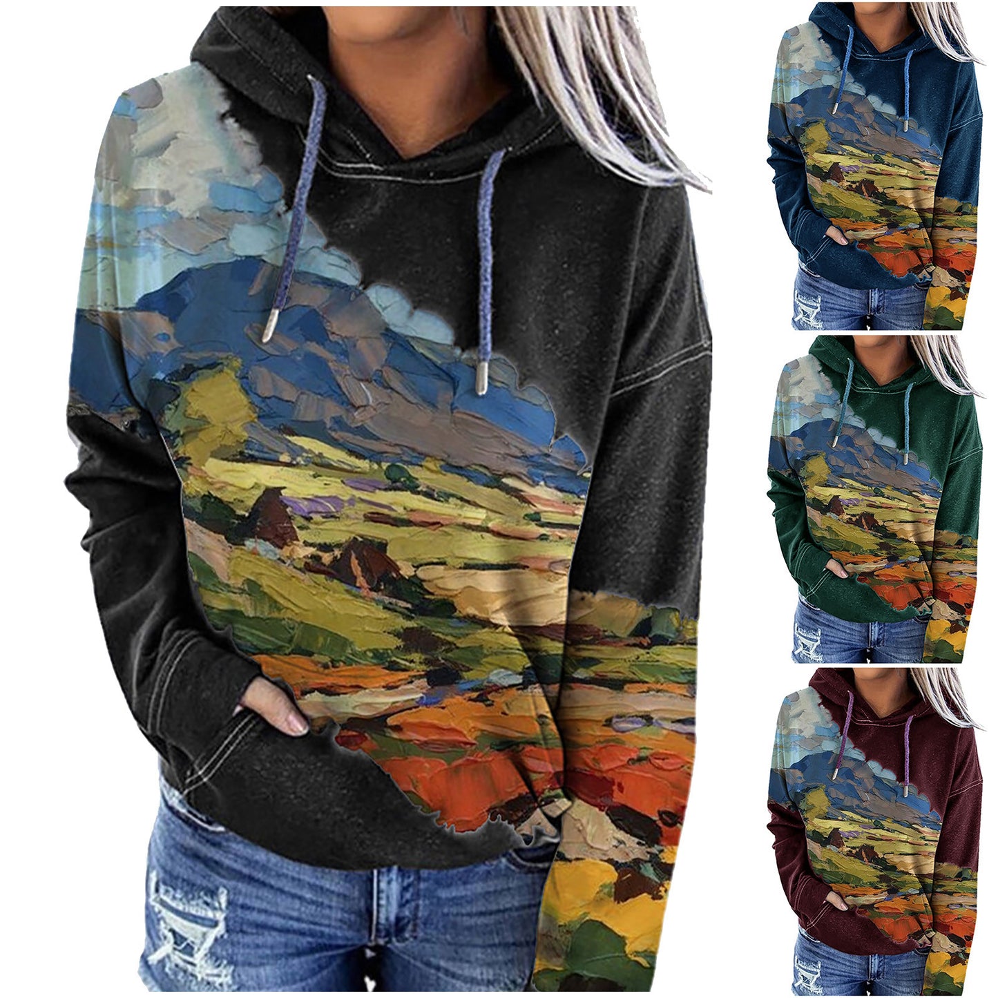 Women's loose peak print hooded long sleeve sweater