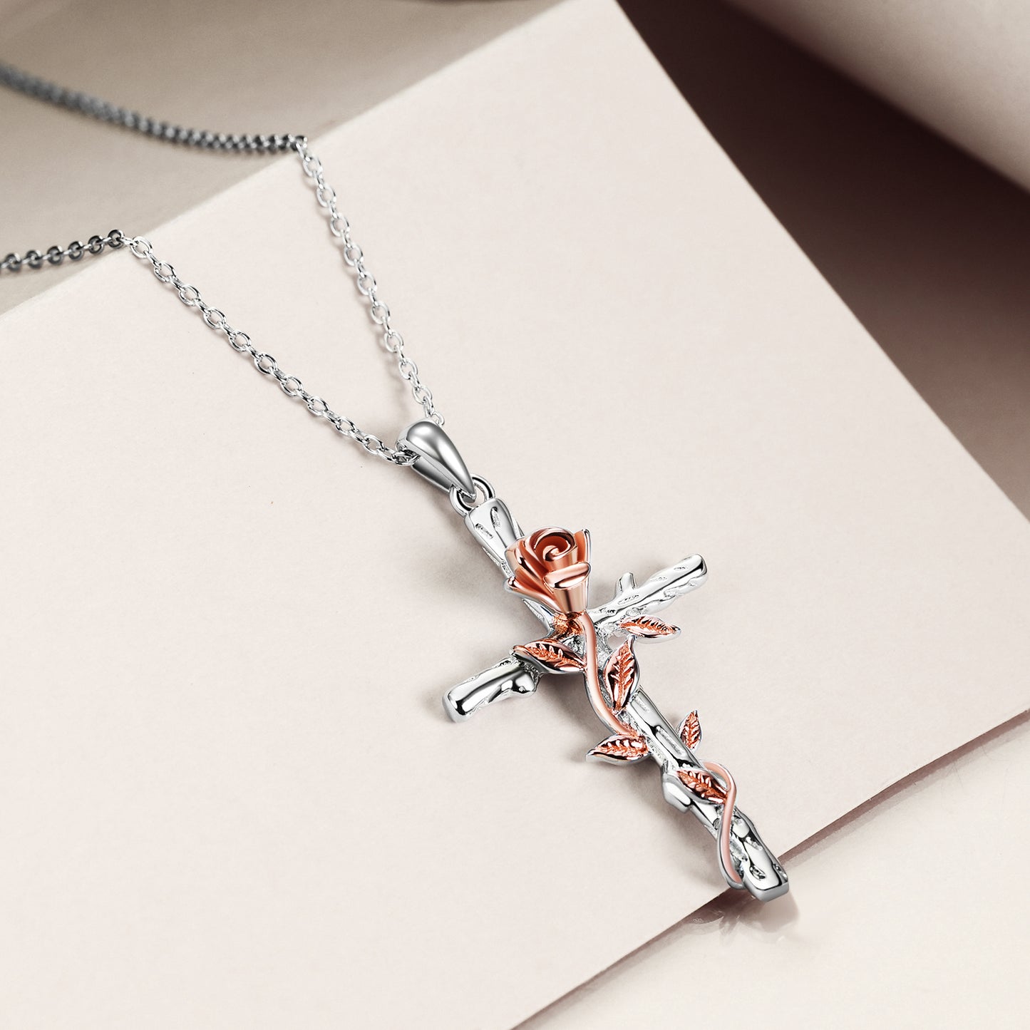 Sterling Silver Rose Gold Plated Religious Cross Pendant Necklace with Rose Flower Jewelry