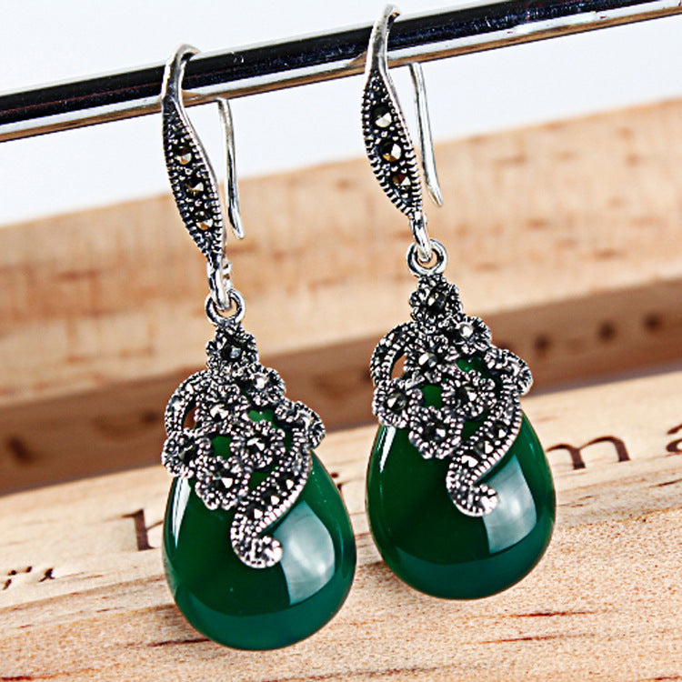 Vintage Thai Silver Earrings Female Green Agate