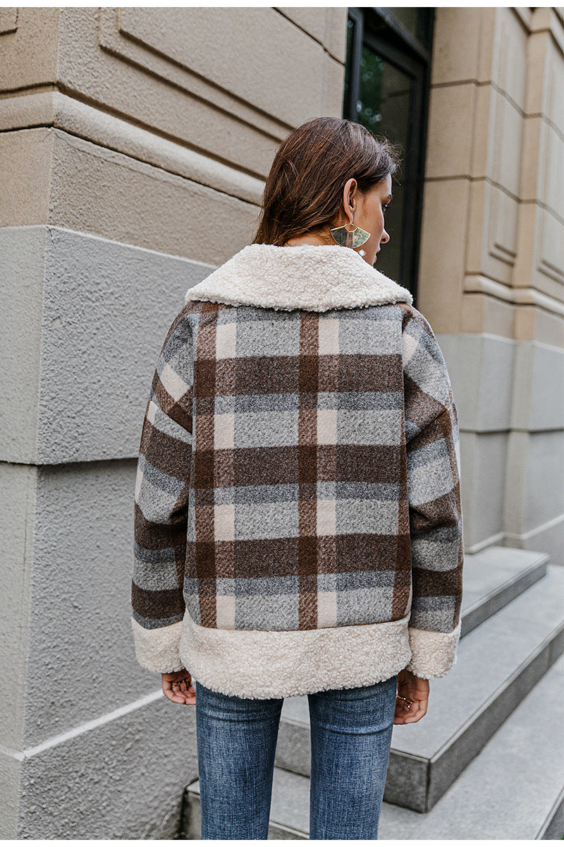 New coat plaid lamb wool thick plaid coat