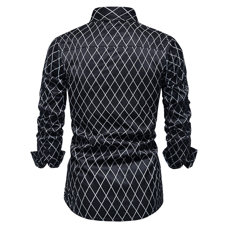 New Fashion Contrast Color Men's Long-sleeved Diamond Check Button Shirt