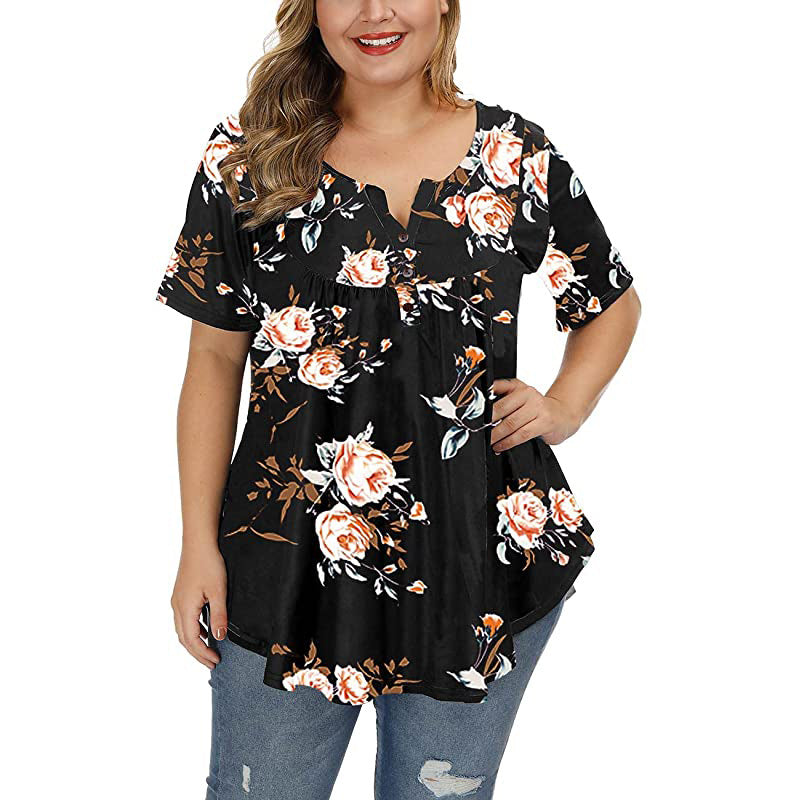 New Ladies V-Neck Button Plus Size Printed Short Sleeve Top