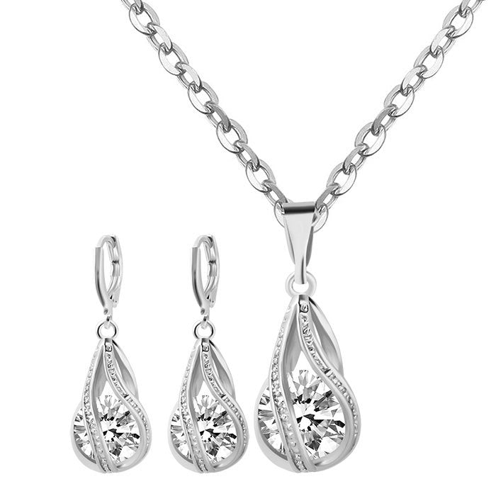 Zircon Jewelry set Silver Drop Necklace Earrings Set