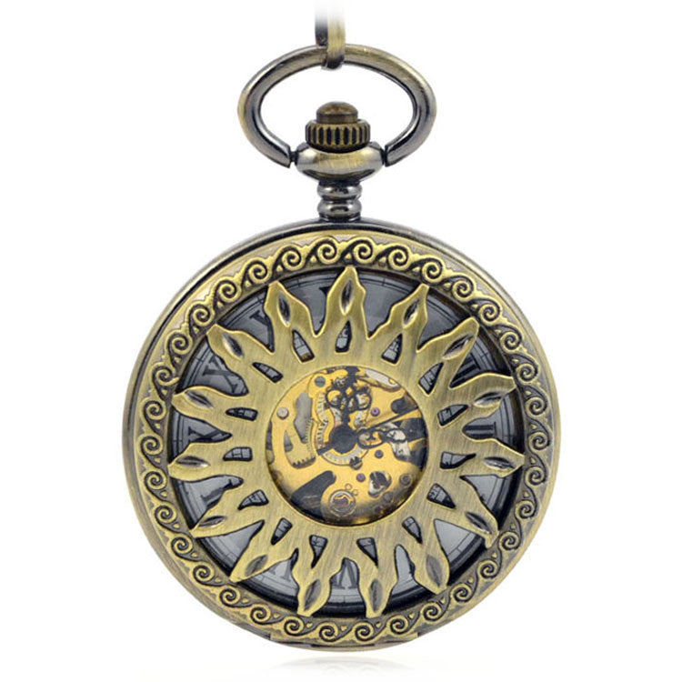 Solar Wind Hot Wheel Double Cover Green Ancient Carved Mechanical Pocket Watch Retro