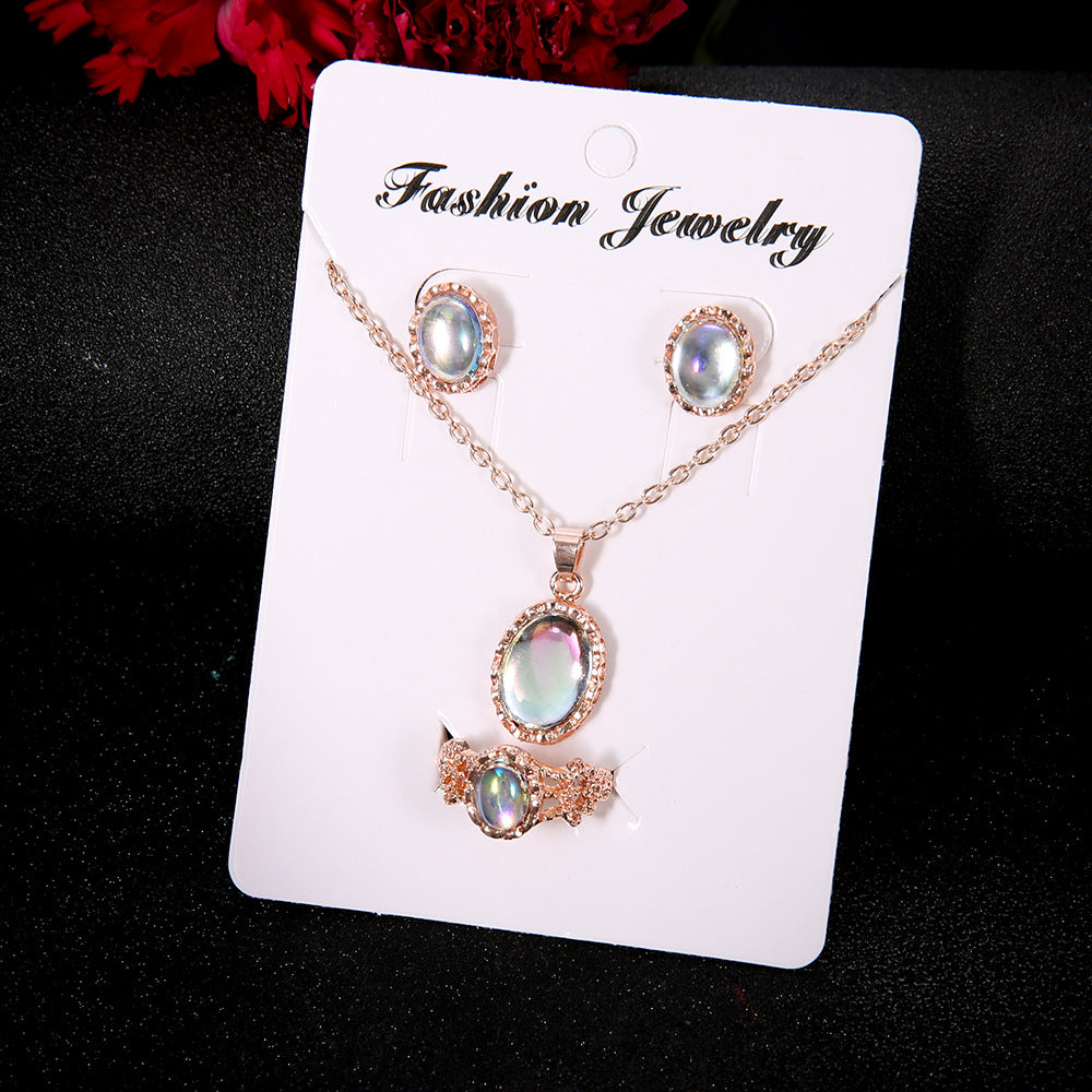 Dazzling gemstone trend jewelry set Fashion Europe and new necklace earrings ring set