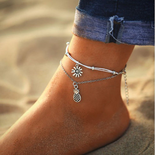 Leather rope braided coin DOS multi-layer anklet