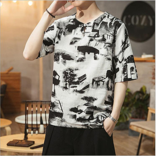 Printed five-point sleeve T-shirt