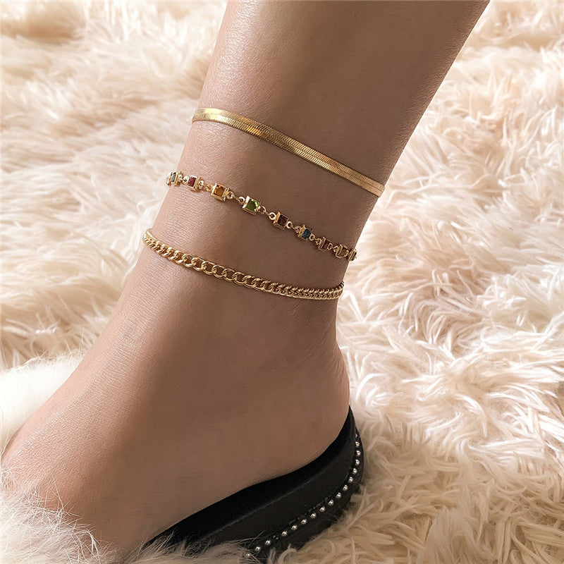French Retro Palace Style Color Rhinestone Anklet Women