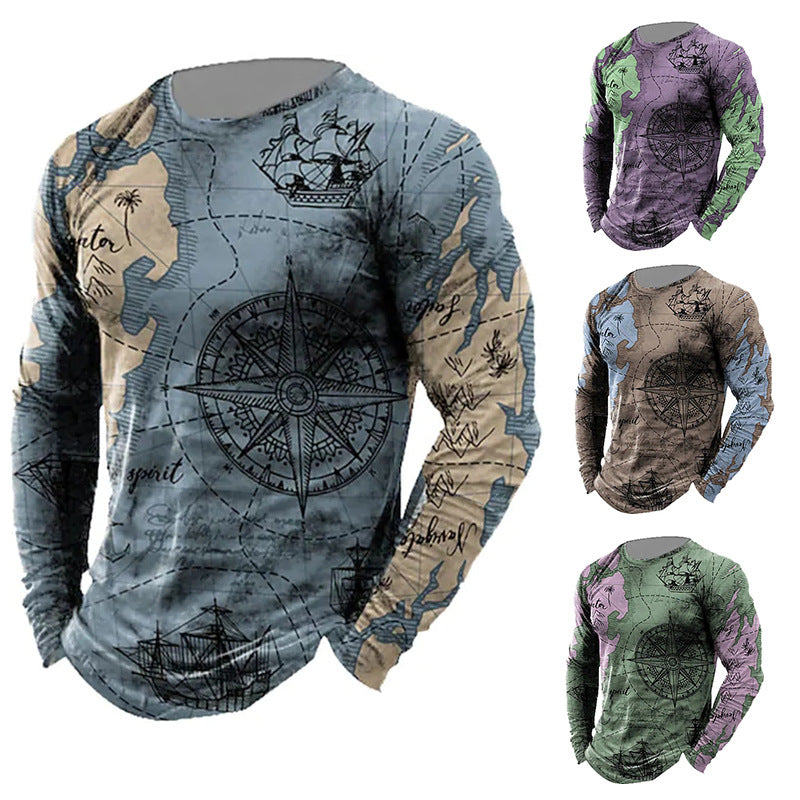 Men's Nautical Compass Pattern Crewneck Long Sleeve T-shirt Loose Sailing Enthusiast Long T