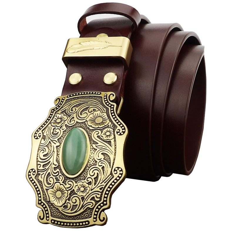 Casual Pure Copper Inlaid Jade Buckle Men's Belt