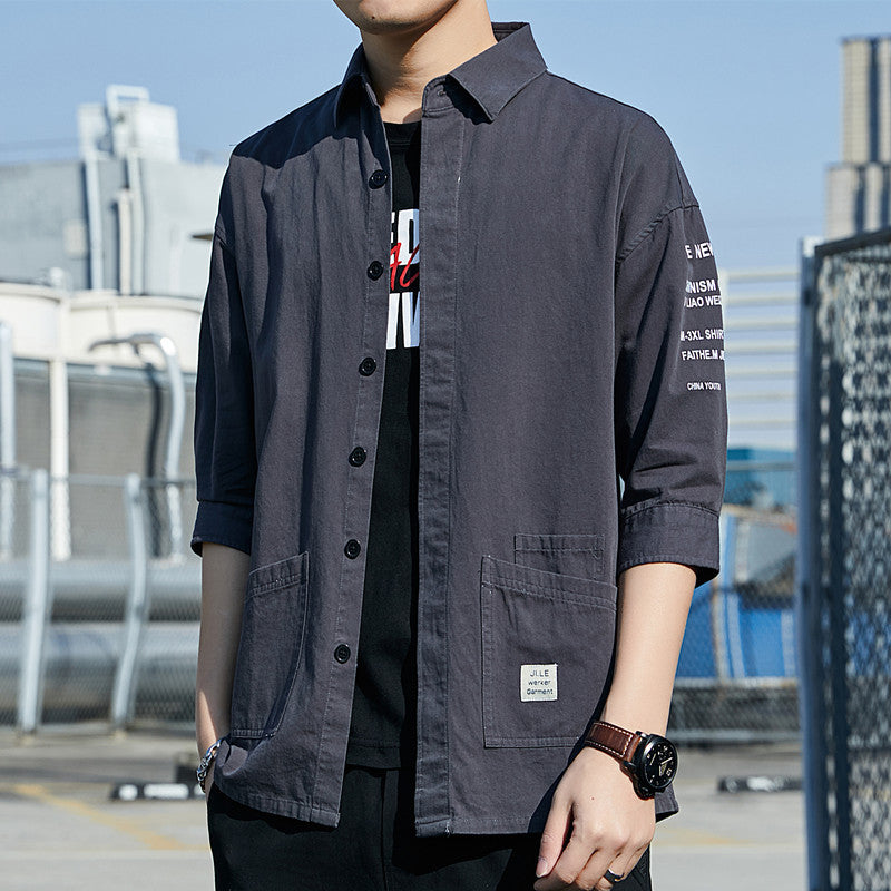 Summer Cotton Workwear Shirt With Three-Quarter Sleeves