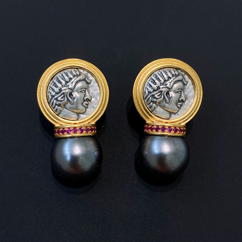 Retro Light Luxury Ancient Greek Sun God Pearl Stud Earrings