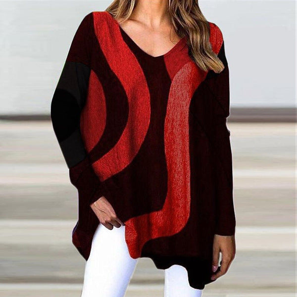 V-neck Pullover Long Sleeve Geometric Pattern Loose Casual Women's T-shirt