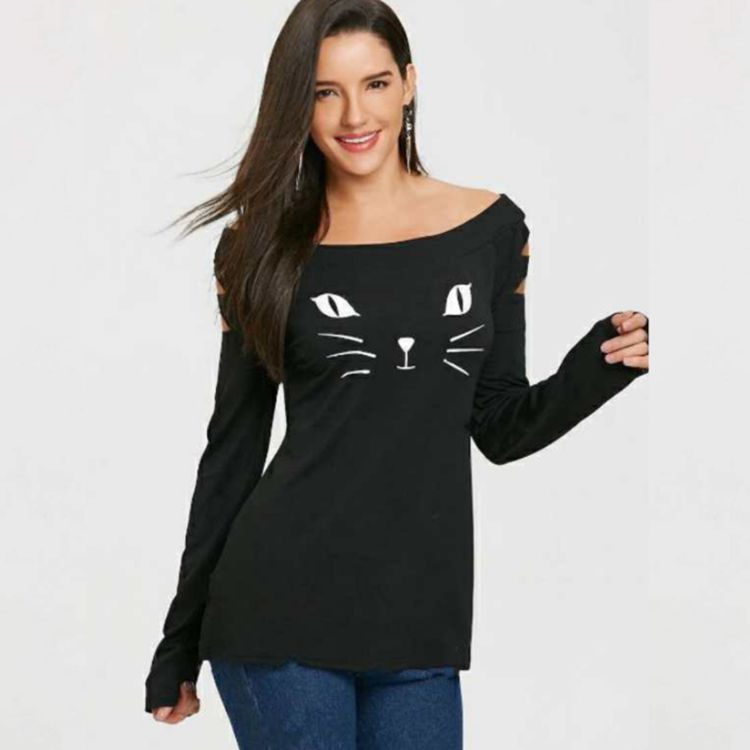 Cat Print Broken Long Sleeve T-Shirt