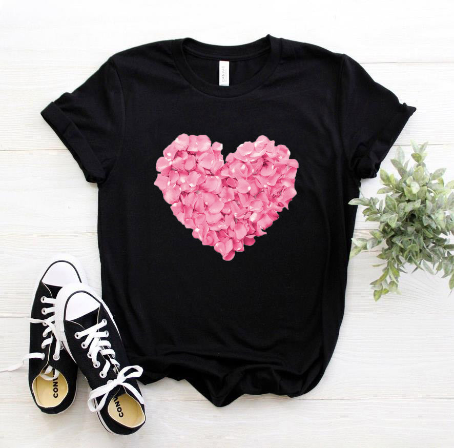 Pink heart-shaped flower print women's t-shirt casual funny t-shirt