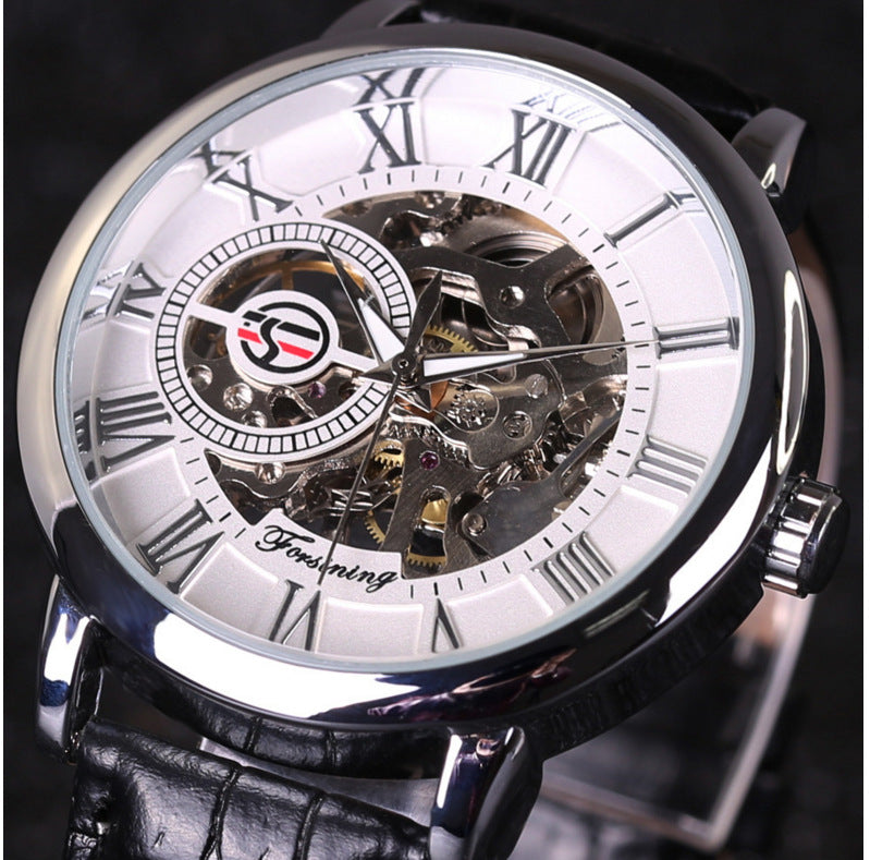 Hollow Mechanical Skeleton Transparent Style Leather Wrist Watch