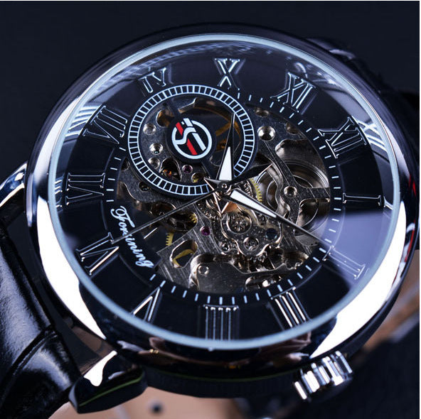 Hollow Mechanical Skeleton Transparent Style Leather Wrist Watch