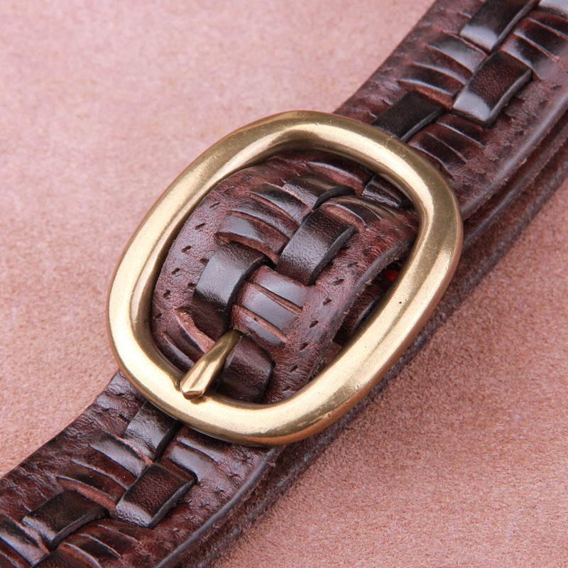 The First Layer Of Pure Cowhide Woven Men's Leather Belt With Copper Buckle