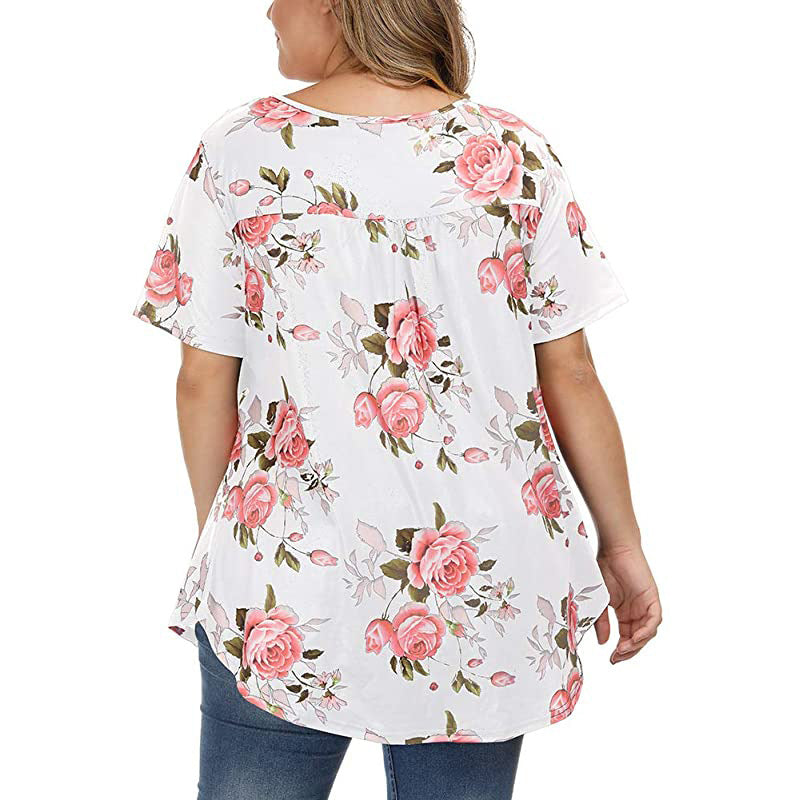 New Ladies V-Neck Button Plus Size Printed Short Sleeve Top