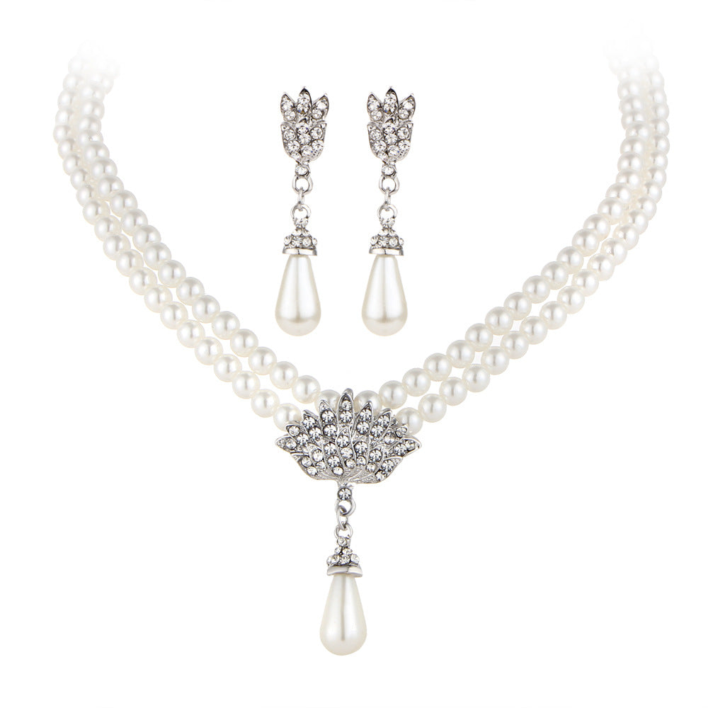Jewelry Bridal Pearl Crystal Diamond Short Clavicle Neck Necklace Set