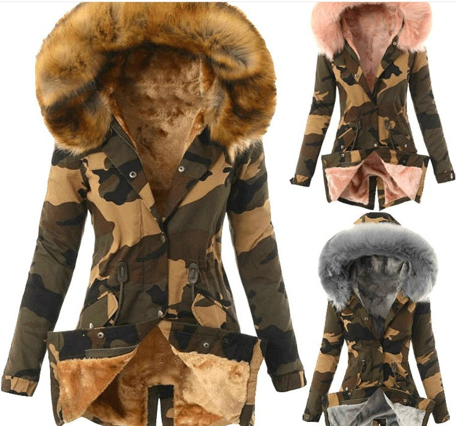 Explosion Style Hot Sale Ladies Fur Collar Drawstring Camouflage Printing