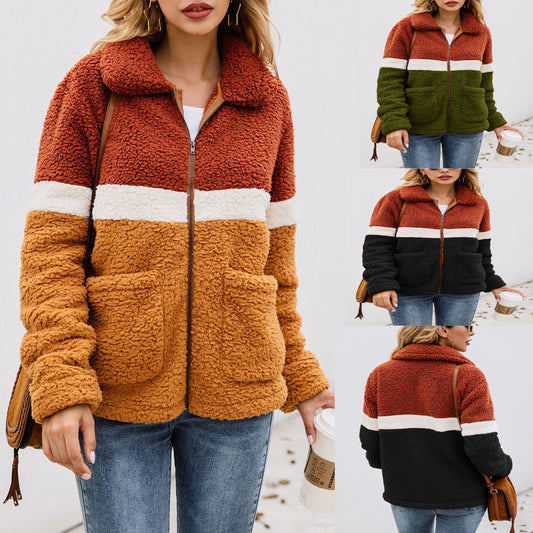 Color Block Plush Jacket Fashion Zipper Stitching Pockets