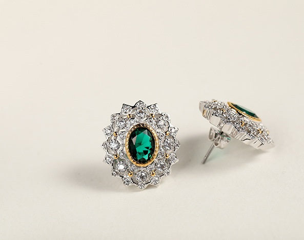 Craft retro hollow green zircon 925 Silver Earrings