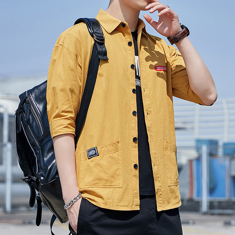 Summer Cotton Workwear Shirt With Three-Quarter Sleeves