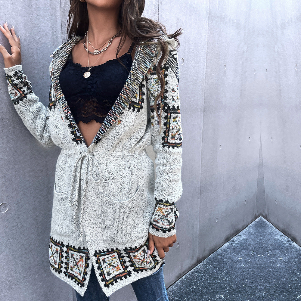 Ladies Hooded Long Sleeve Jacket Retro Ethnic Cardigan