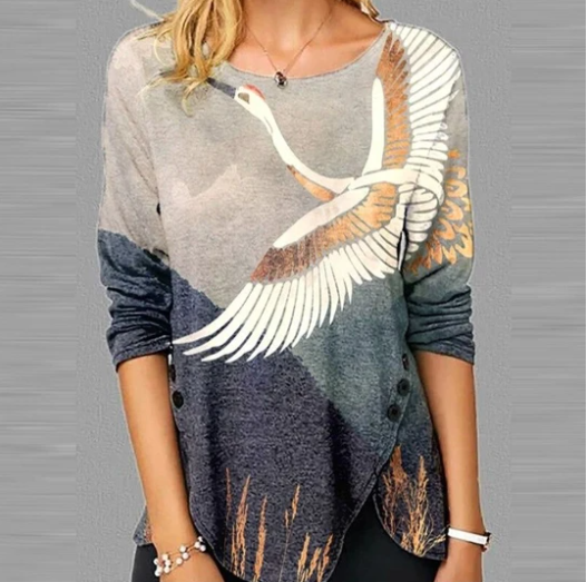 Printed Slit Round Neck Casual Long-sleeved T-shirt