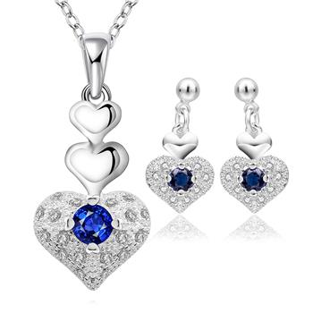 Blue zircon heart pendant necklace and earrings set