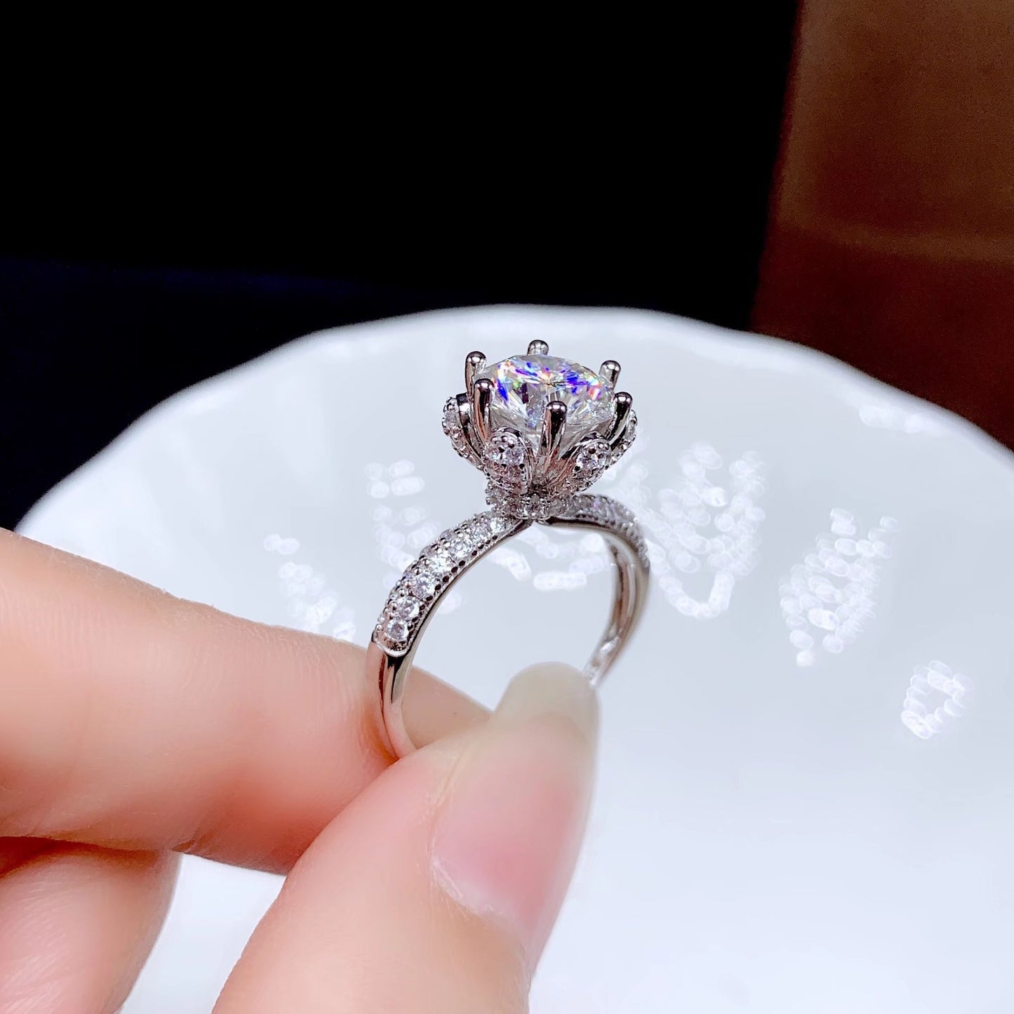 Fashion Bridal Moissanite Silver Floral Ring