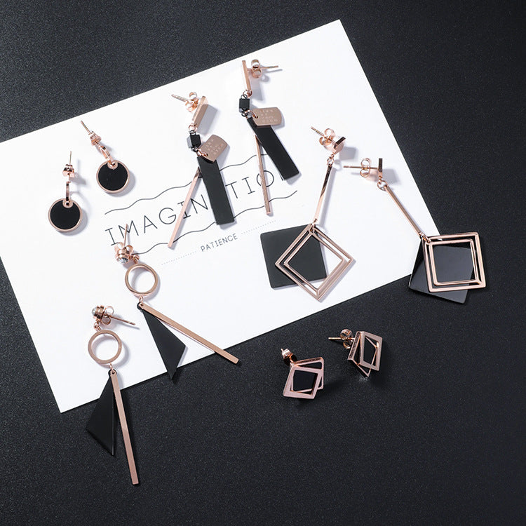 Square Round Titanium Steel Earrings Cool Wind  Drill Geometry Wild Tassel Earrings