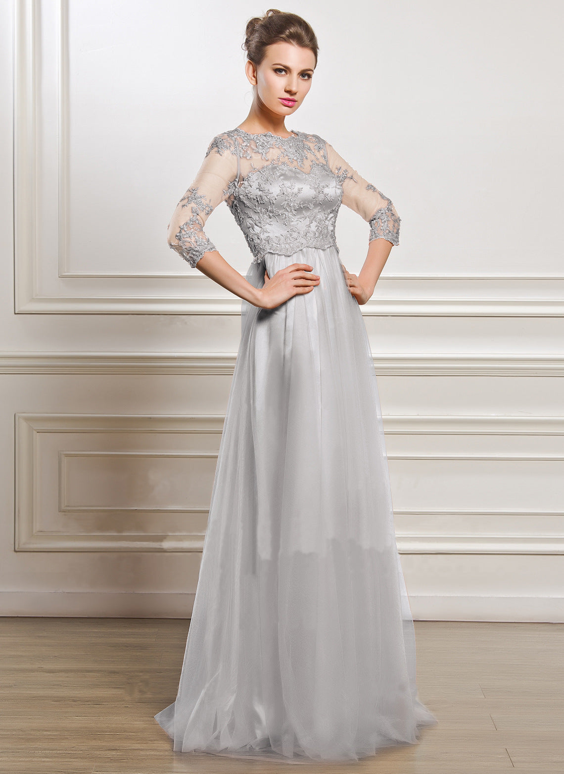Ladies Elegant Evening Dress Fashion Floral Embroidery Lace Stitching Long Dress Luxury Slim Evening Dress Robe