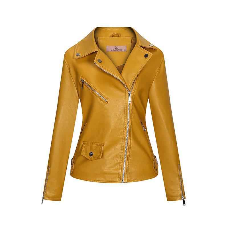 Temperament Women's Jacket PU Lapel Zipper Slim