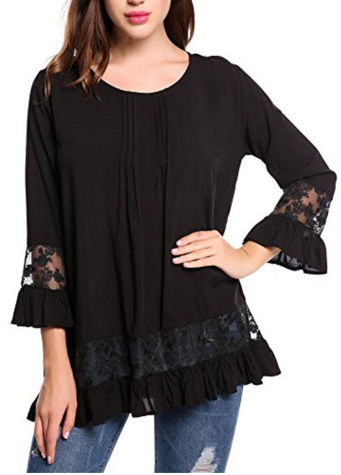 Silk Long Sleeve T-shirt Elegant Lace Embroid