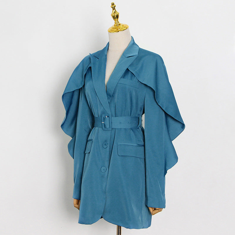 Irregular Ruffled Solid Color Jacket With Receiving Waist Belt