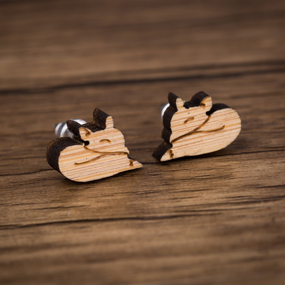 New Cute Sweet Fox Wooden Stud Earrings