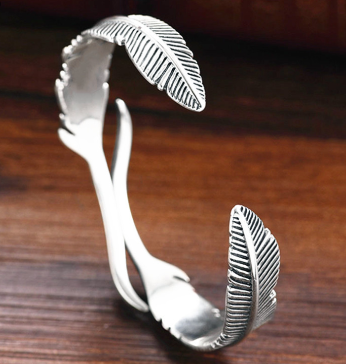 Vintage Thai Silver Double Feather Bracelet Simple