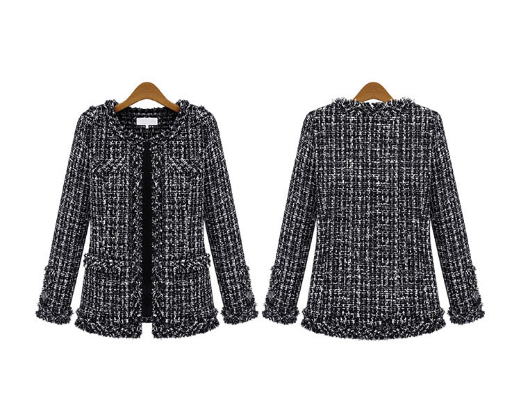 Autumn And Winter Popular Black And White Plaid Tweed Plus Size Women's Jacket