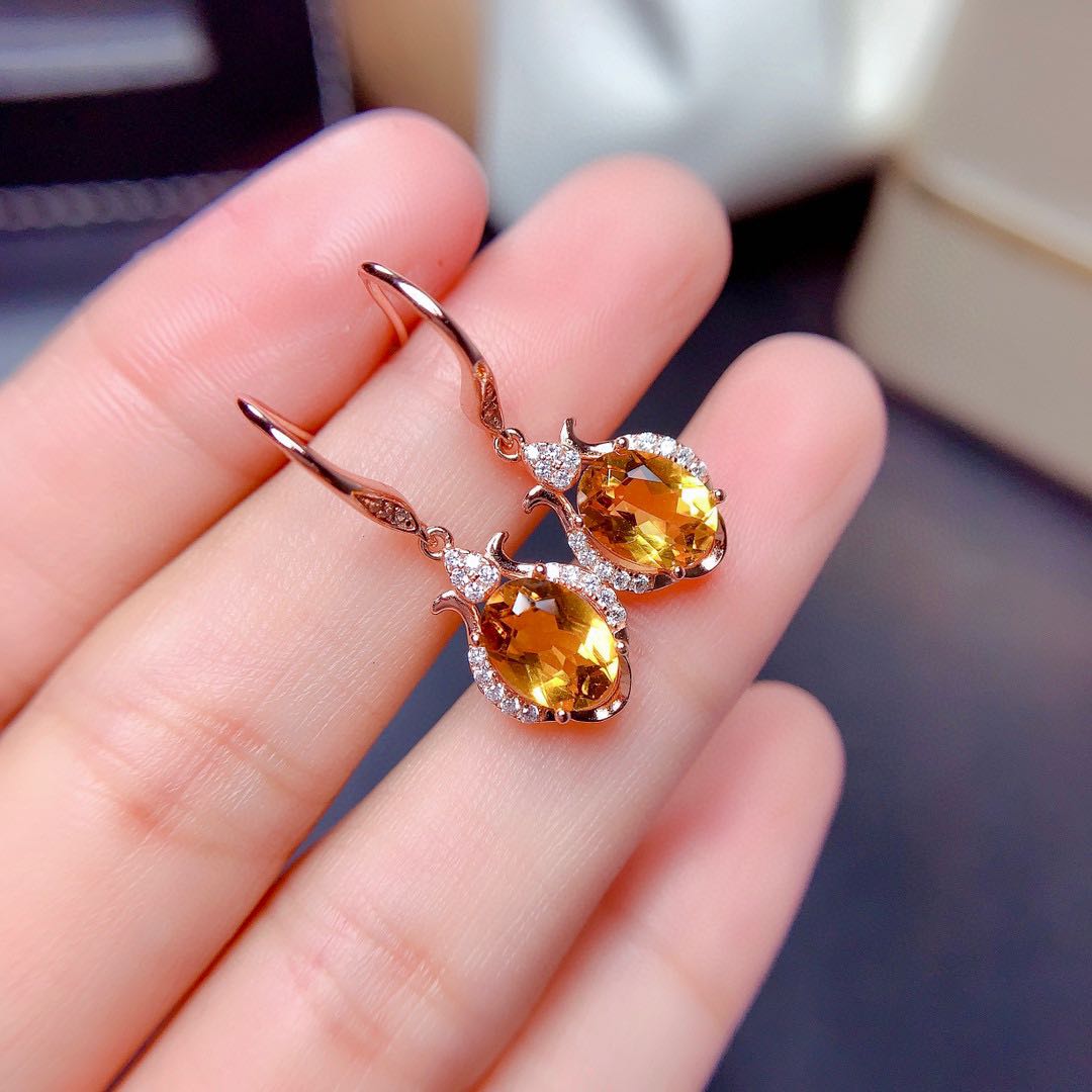 New Style Citrine Earrings Female Crystal Pure Sparkle Sparkling  Silver Inlay