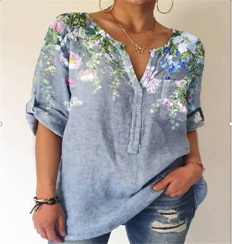 European And American Loose Print V-neck Long-sleeved Shirt