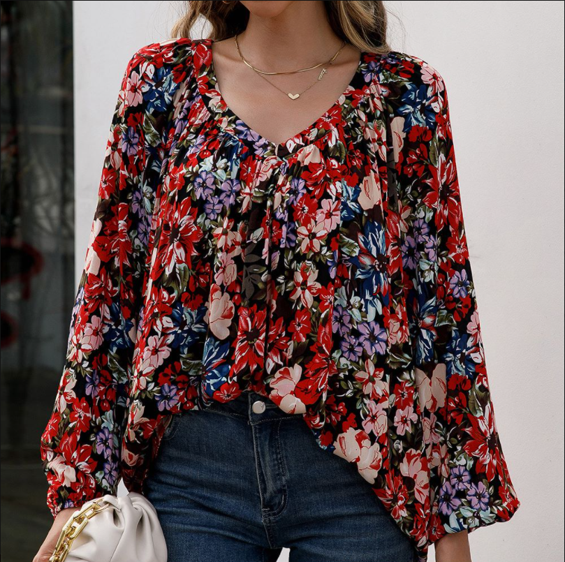 Loose Casual Small Floral Long-sleeved V-neck Shirt